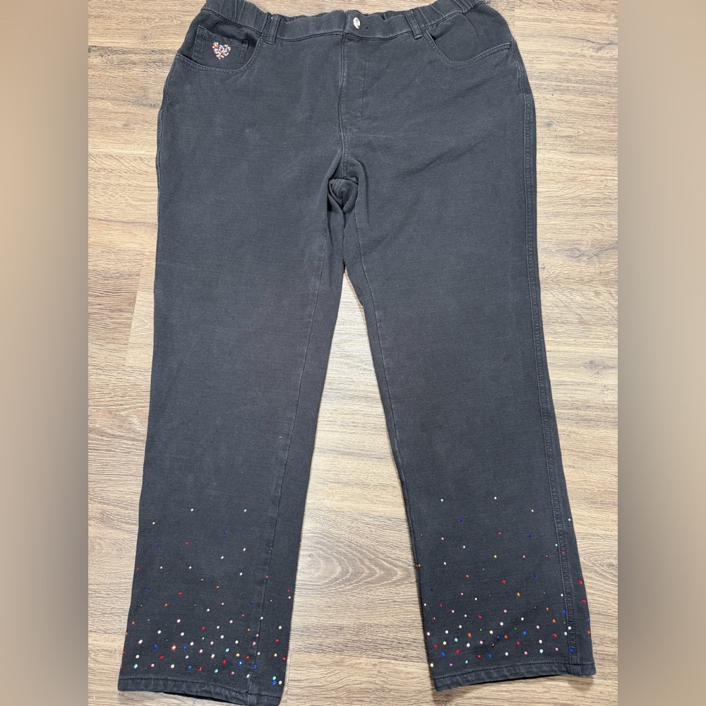 DreamJeannes Rhinestone Jeans Black Pull On 1X Stretch Wide Leg